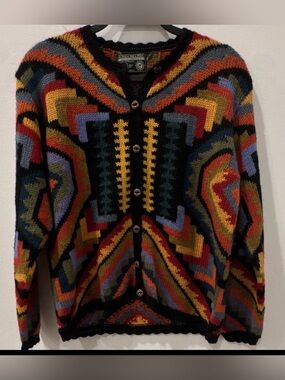 Vintage-Inspired Multicolor Geometric Button Cardigan Sweater